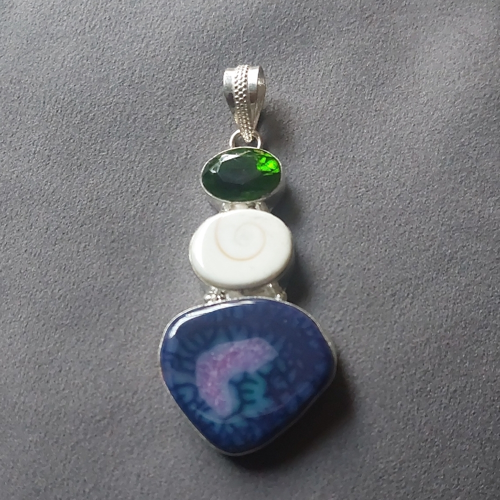 Three Stone Blue Green Ivory Multi Simulated Stone Pendant